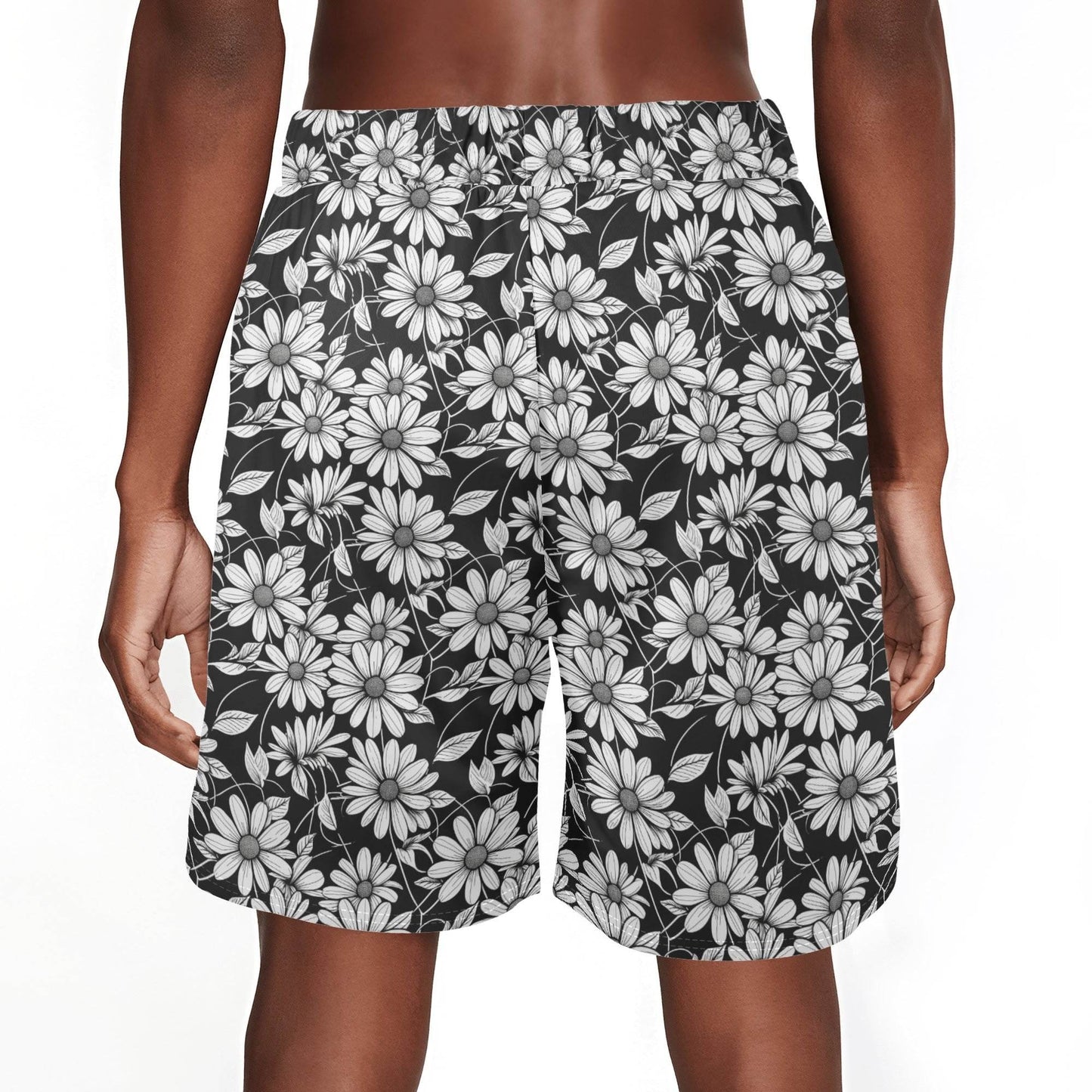 Men's Black and White Daisy Mesh Shorts Sea Life Swim Trunks - DeRose Seasonal