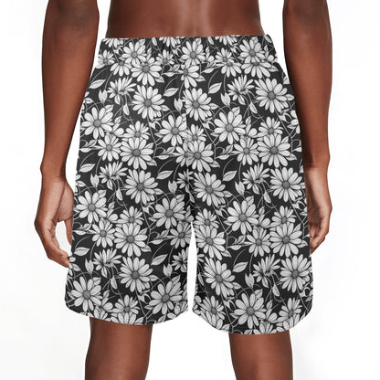 Men's Black and White Daisy Mesh Shorts Sea Life Swim Trunks - DeRose Seasonal