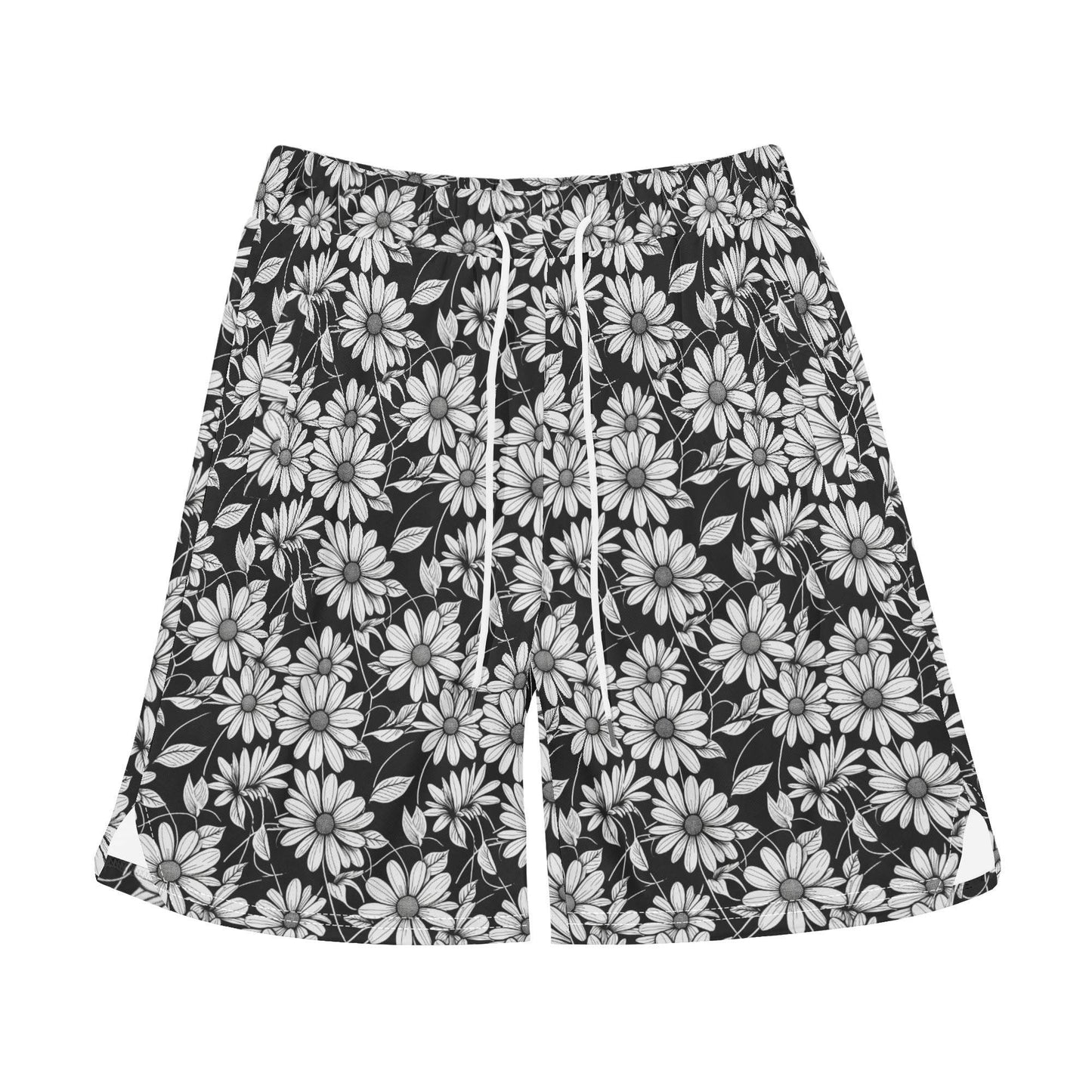 Men's Black and White Daisy Mesh Shorts Sea Life Swim Trunks - DeRose Seasonal