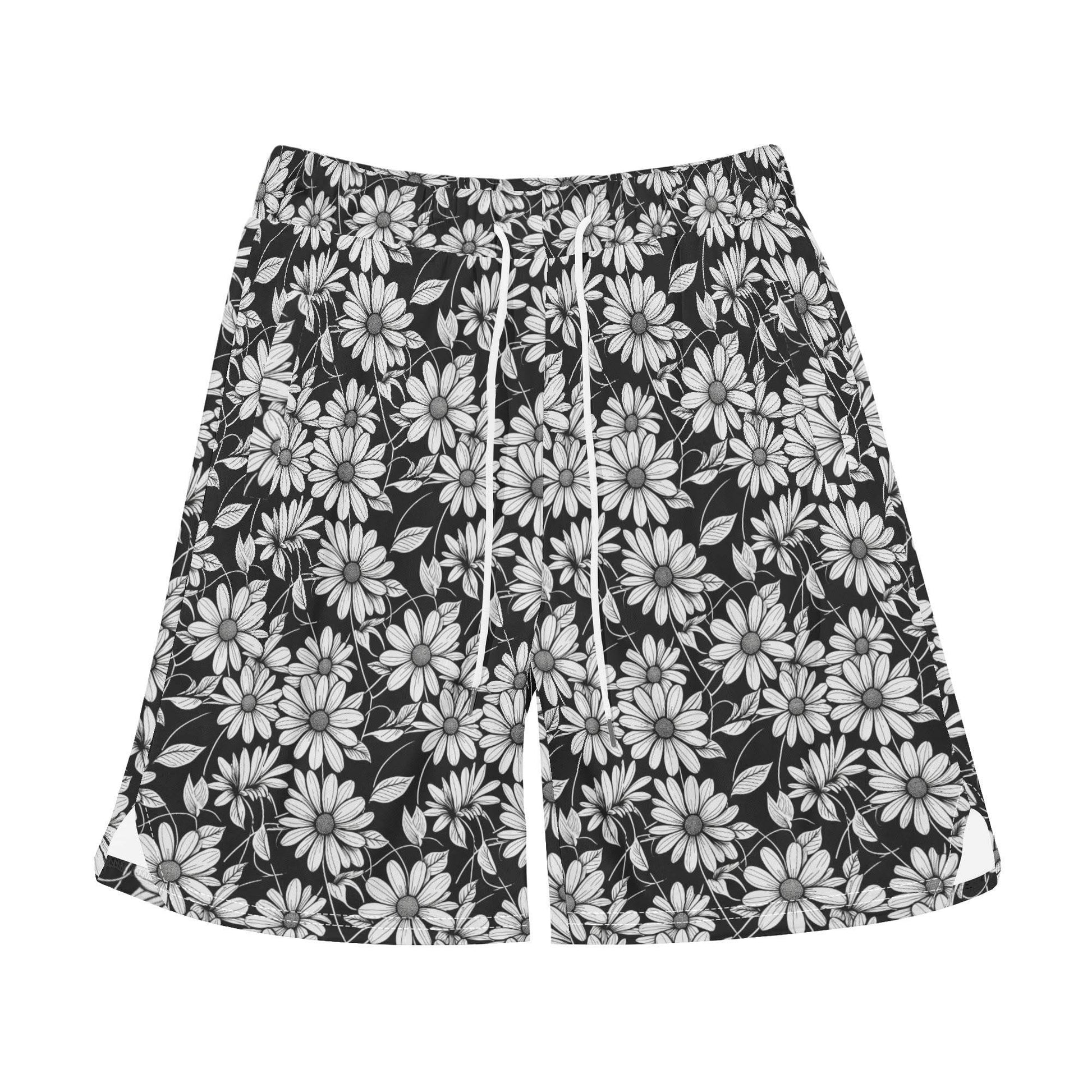 Men's Black and White Daisy Mesh Shorts Sea Life Swim Trunks - DeRose Seasonal