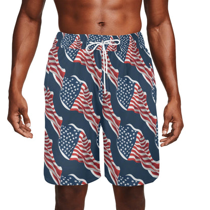 Men's Wavy Flag USA Mesh Shorts Sea Life Swim Trunks - DeRose Seasonal