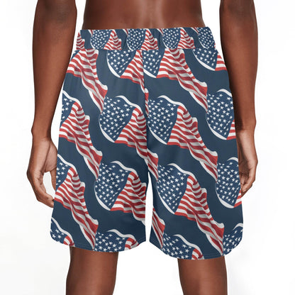 Men's Wavy Flag USA Mesh Shorts Sea Life Swim Trunks - DeRose Seasonal