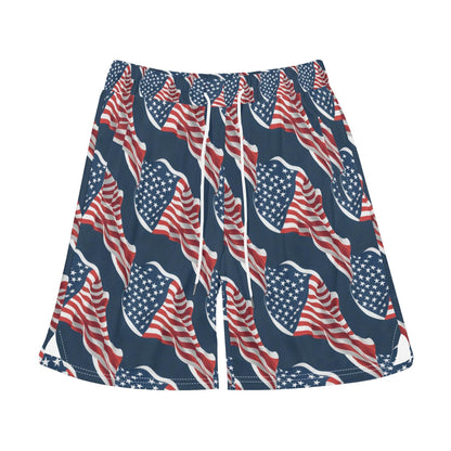 Men's Wavy Flag USA Mesh Shorts Sea Life Swim Trunks - DeRose Seasonal
