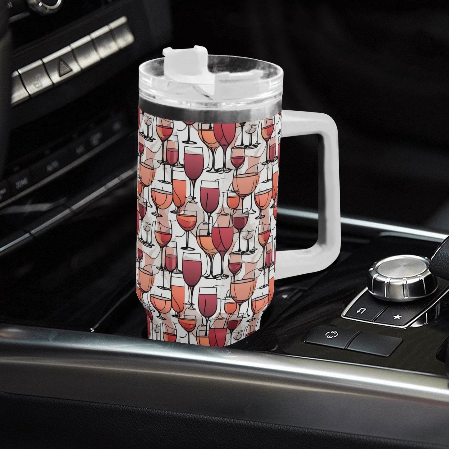 Wine Dining 40oz Stainless Steel Tumbler Gift With White Handle and Straw - DeRose Seasonal