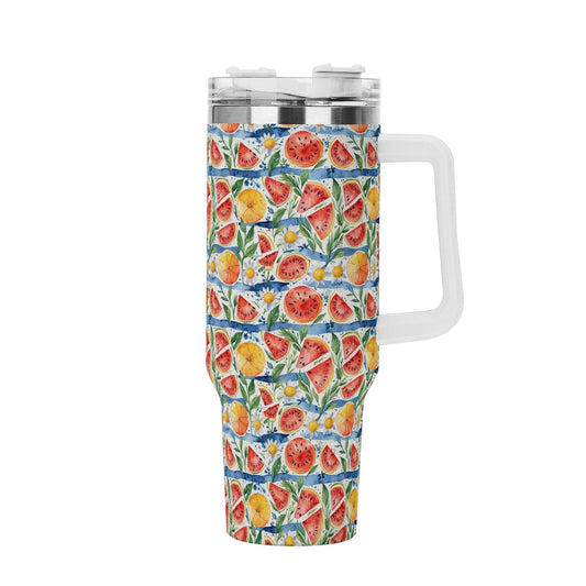 Watermelon 40oz Stainless Steel Tumbler Gift With White Handle and Straw - DeRose Seasonal