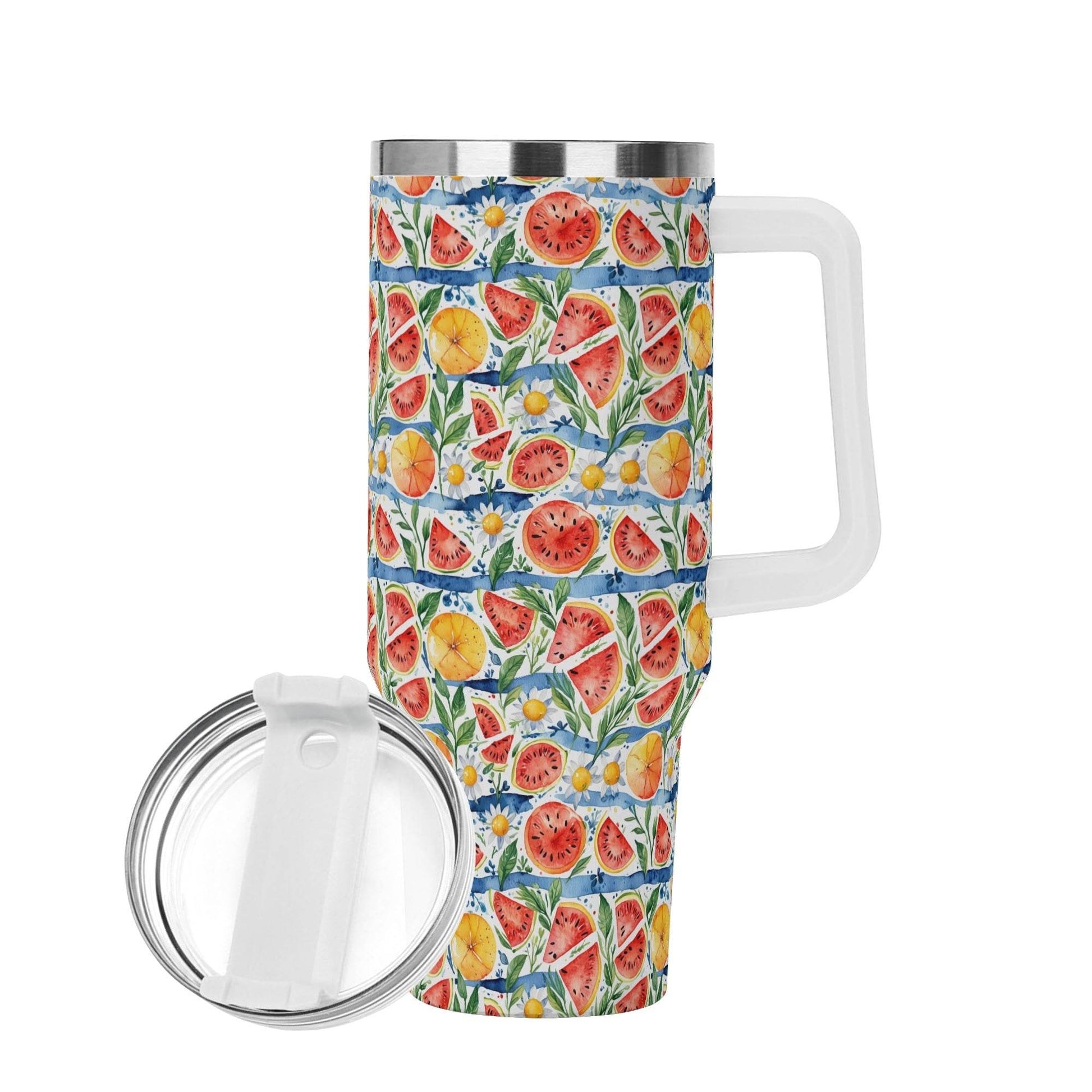 Watermelon 40oz Stainless Steel Tumbler Gift With White Handle and Straw - DeRose Seasonal