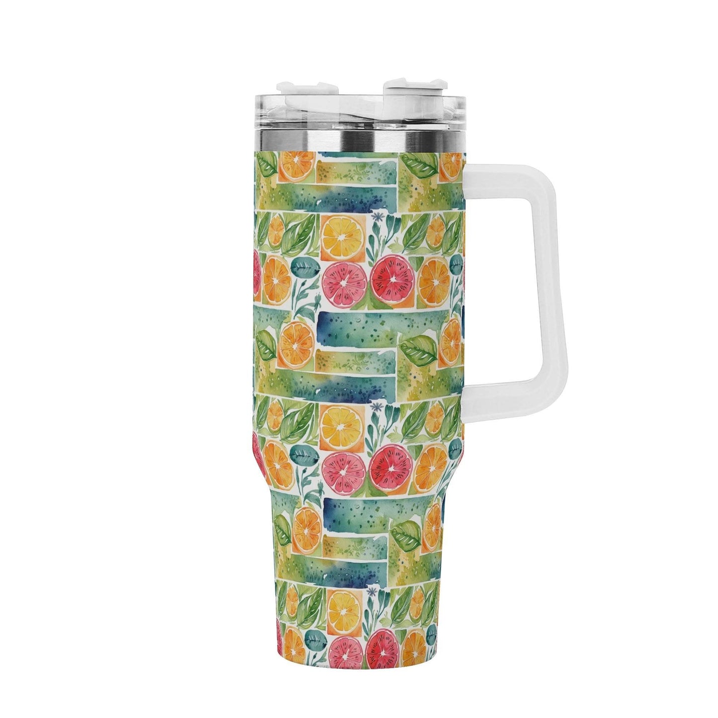 Watercolor Fruit 40oz Stainless Steel Tumbler Gift With White Handle and Straw - DeRose Seasonal