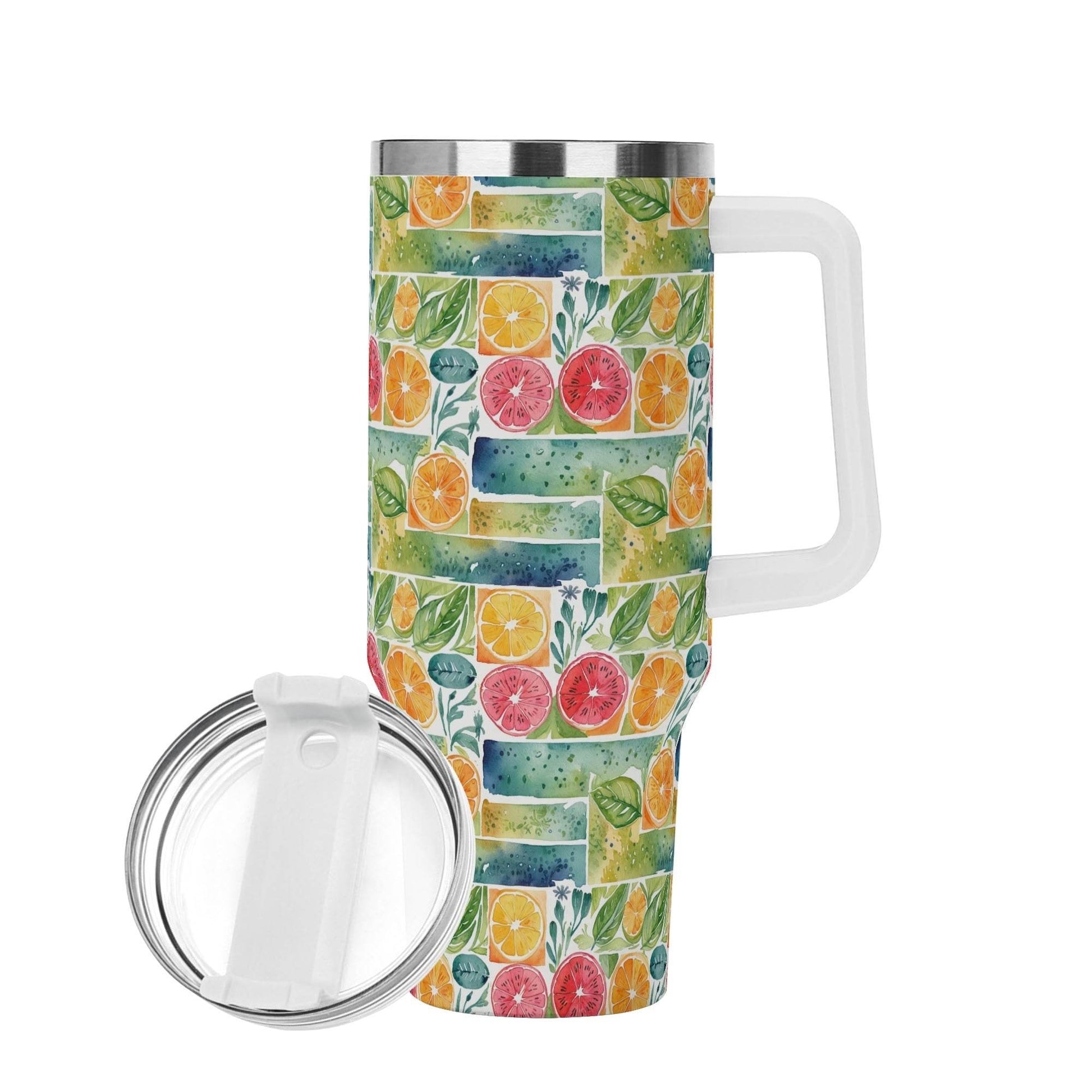 Watercolor Fruit 40oz Stainless Steel Tumbler Gift With White Handle and Straw - DeRose Seasonal