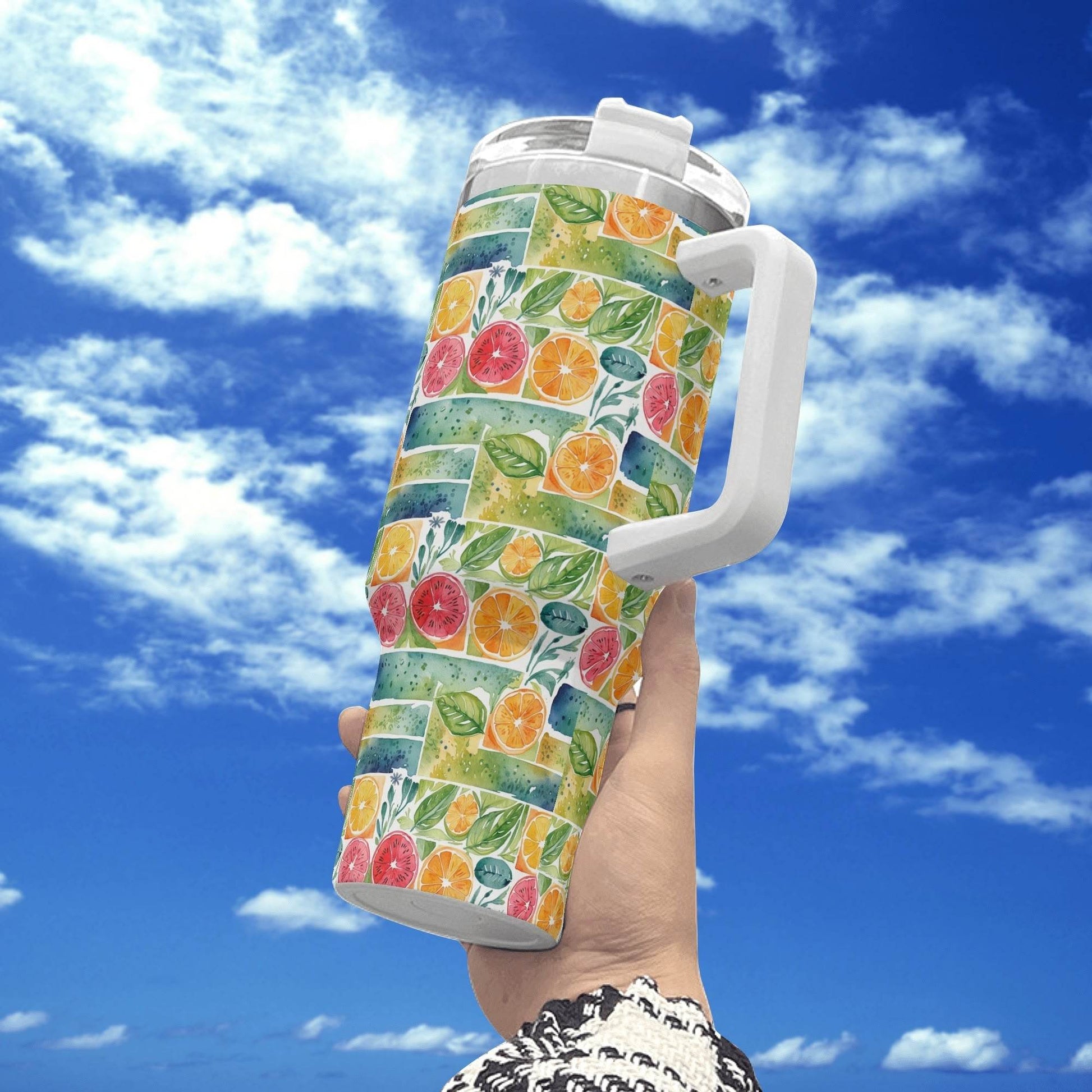 Watercolor Fruit 40oz Stainless Steel Tumbler Gift With White Handle and Straw - DeRose Seasonal