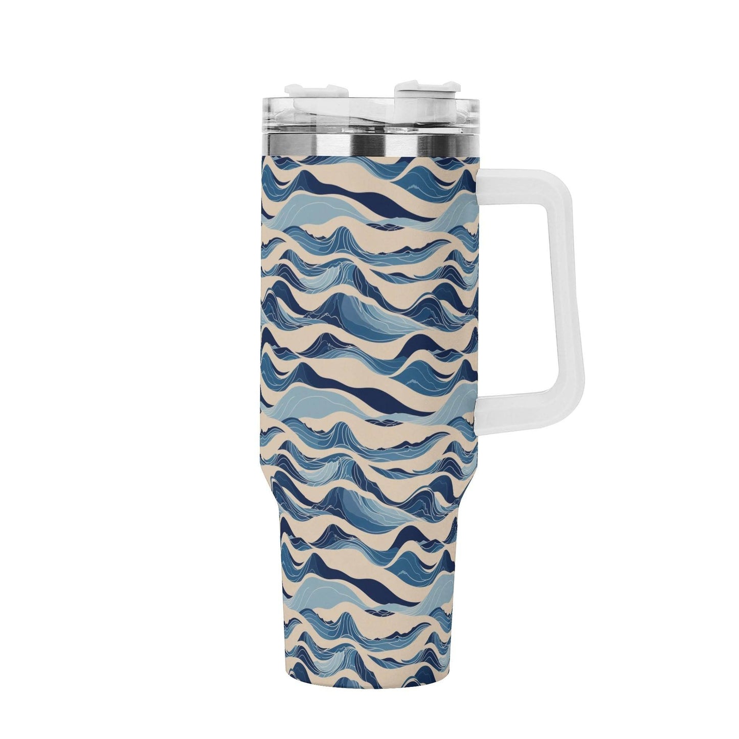 Blue Waves 40oz Stainless Steel Tumbler Gift With White Handle and Straw - DeRose Seasonal