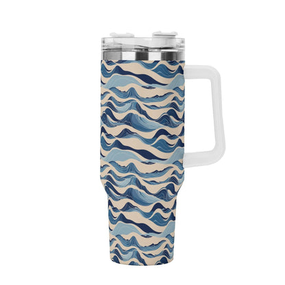 Blue Waves 40oz Stainless Steel Tumbler Gift With White Handle and Straw - DeRose Seasonal