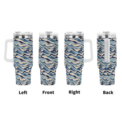 Blue Waves 40oz Stainless Steel Tumbler Gift With White Handle and Straw - DeRose Seasonal