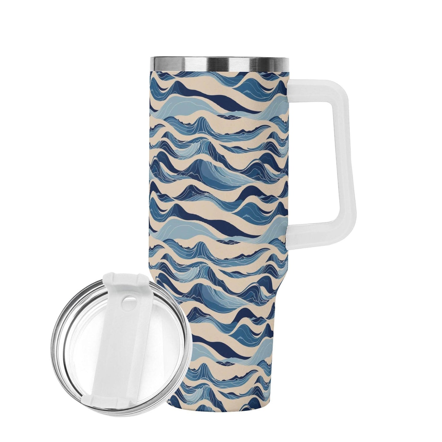 Blue Waves 40oz Stainless Steel Tumbler Gift With White Handle and Straw - DeRose Seasonal