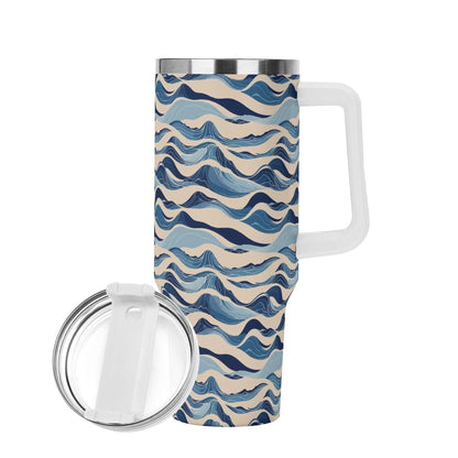 Blue Waves 40oz Stainless Steel Tumbler Gift With White Handle and Straw - DeRose Seasonal