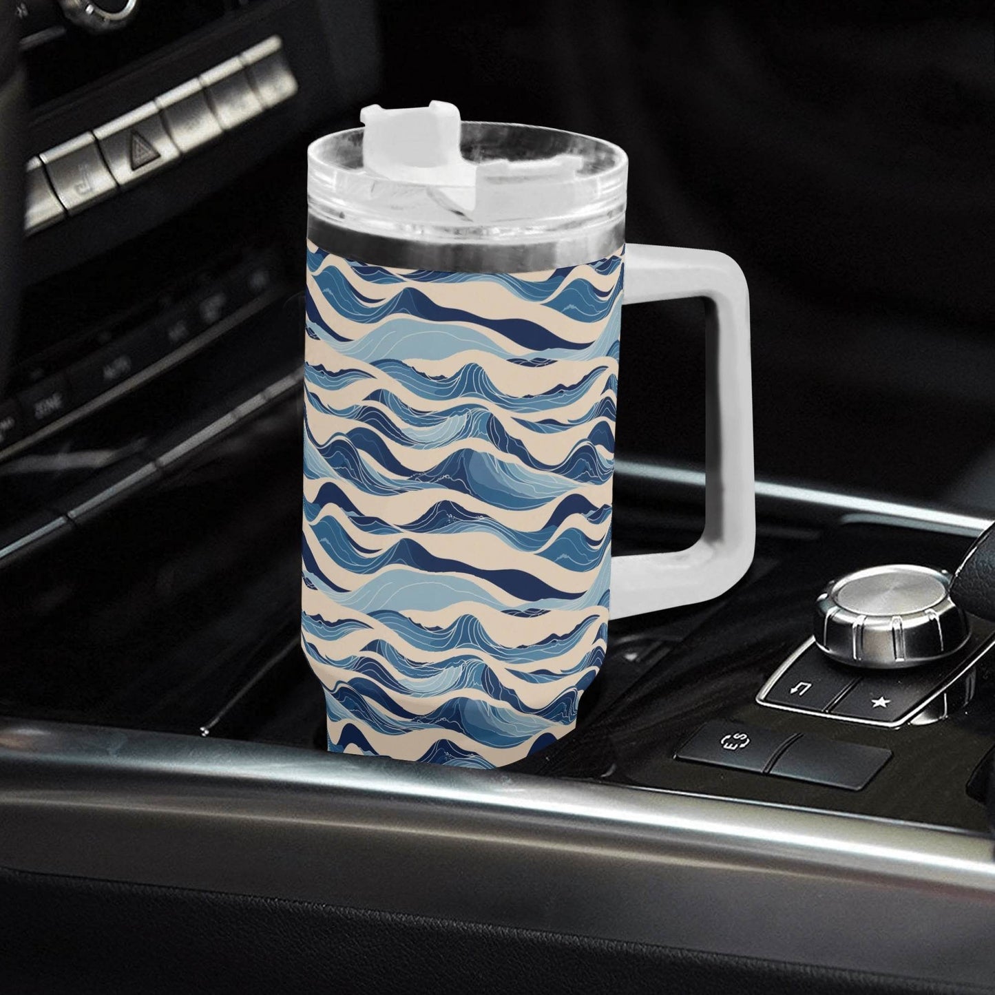 Blue Waves 40oz Stainless Steel Tumbler Gift With White Handle and Straw - DeRose Seasonal