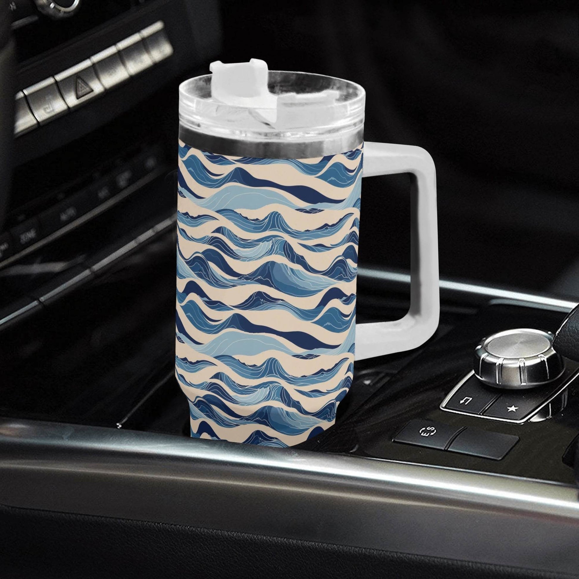 Blue Waves 40oz Stainless Steel Tumbler Gift With White Handle and Straw - DeRose Seasonal