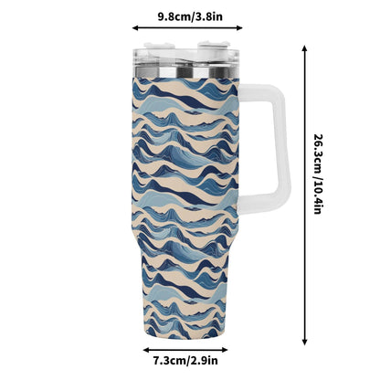 Blue Waves 40oz Stainless Steel Tumbler Gift With White Handle and Straw - DeRose Seasonal