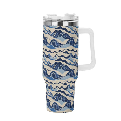 Abstract Waves 40oz Stainless Steel Tumbler Gift With White Handle and Straw - DeRose Seasonal
