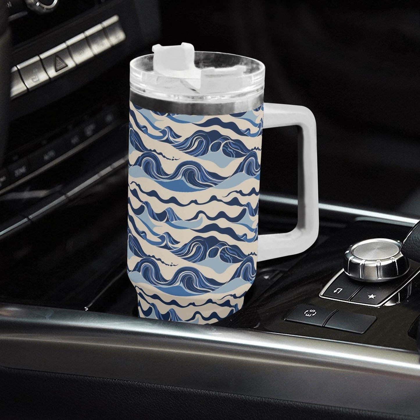 Abstract Waves 40oz Stainless Steel Tumbler Gift With White Handle and Straw - DeRose Seasonal