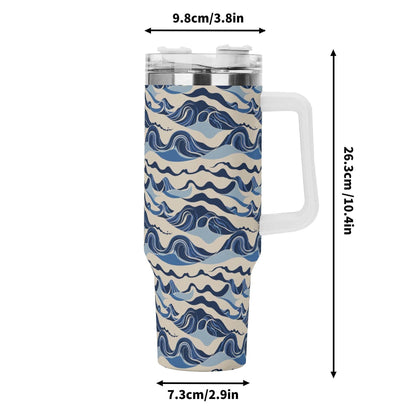 Abstract Waves 40oz Stainless Steel Tumbler Gift With White Handle and Straw - DeRose Seasonal
