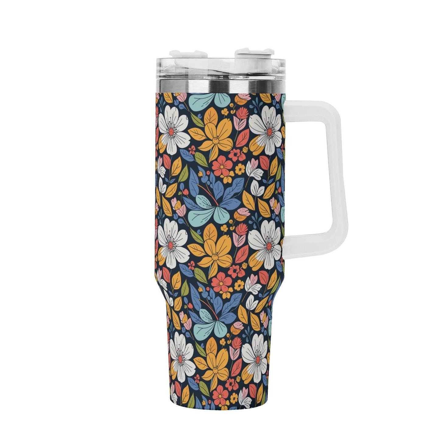 Bright Flowers 40oz Stainless Steel Tumbler Gift With White Handle and Straw - DeRose Seasonal