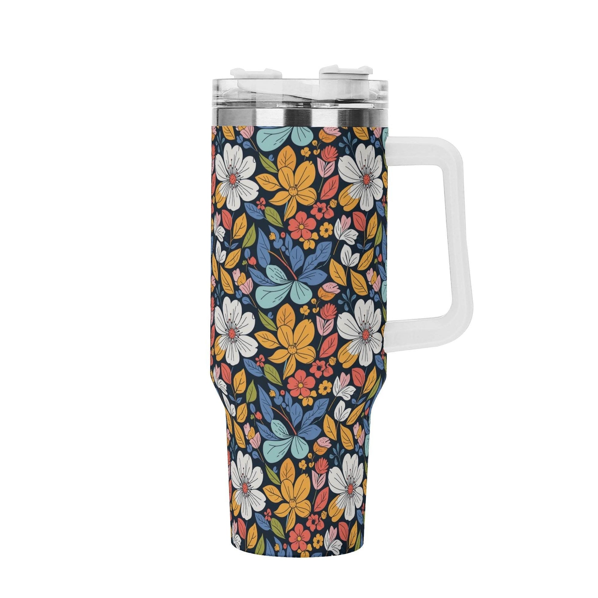 Bright Flowers 40oz Stainless Steel Tumbler Gift With White Handle and Straw - DeRose Seasonal