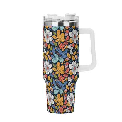 Bright Flowers 40oz Stainless Steel Tumbler Gift With White Handle and Straw - DeRose Seasonal