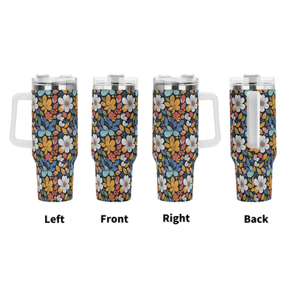 Bright Flowers 40oz Stainless Steel Tumbler Gift With White Handle and Straw - DeRose Seasonal