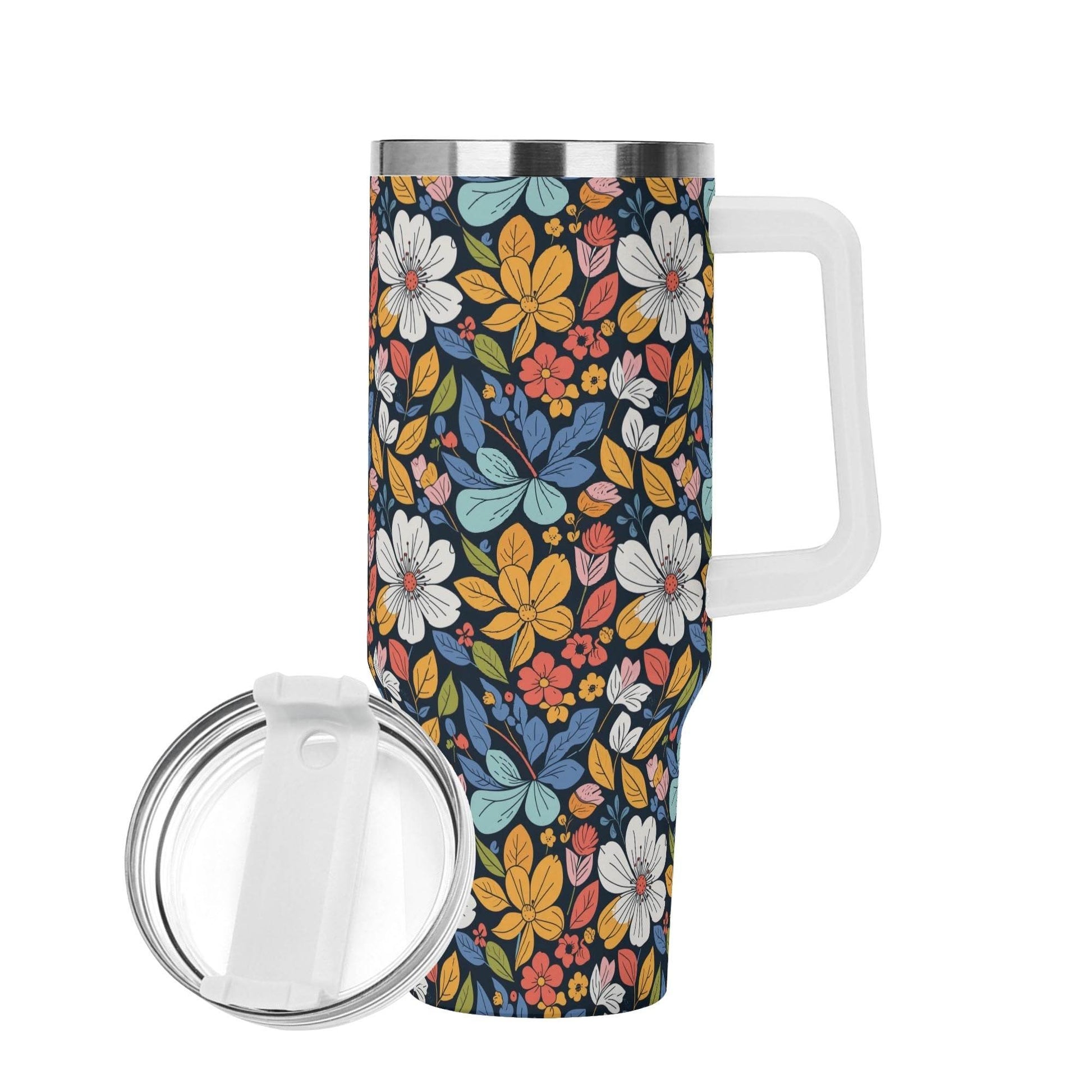Bright Flowers 40oz Stainless Steel Tumbler Gift With White Handle and Straw - DeRose Seasonal
