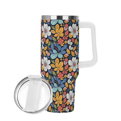 Bright Flowers 40oz Stainless Steel Tumbler Gift With White Handle and Straw - DeRose Seasonal
