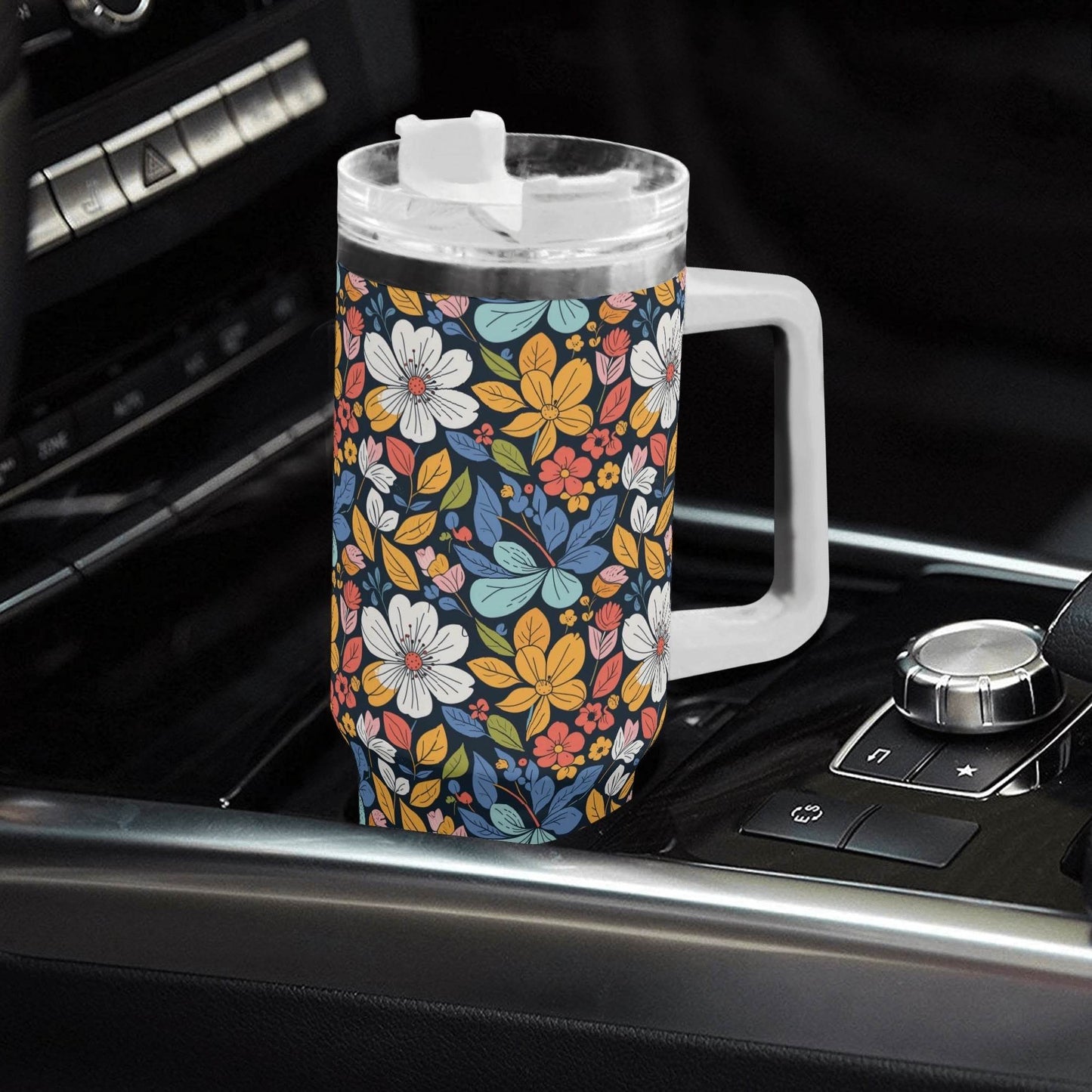 Bright Flowers 40oz Stainless Steel Tumbler Gift With White Handle and Straw - DeRose Seasonal