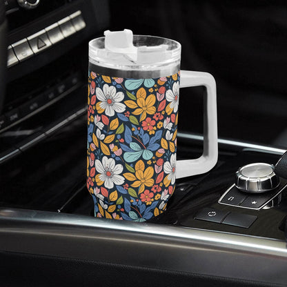 Bright Flowers 40oz Stainless Steel Tumbler Gift With White Handle and Straw - DeRose Seasonal