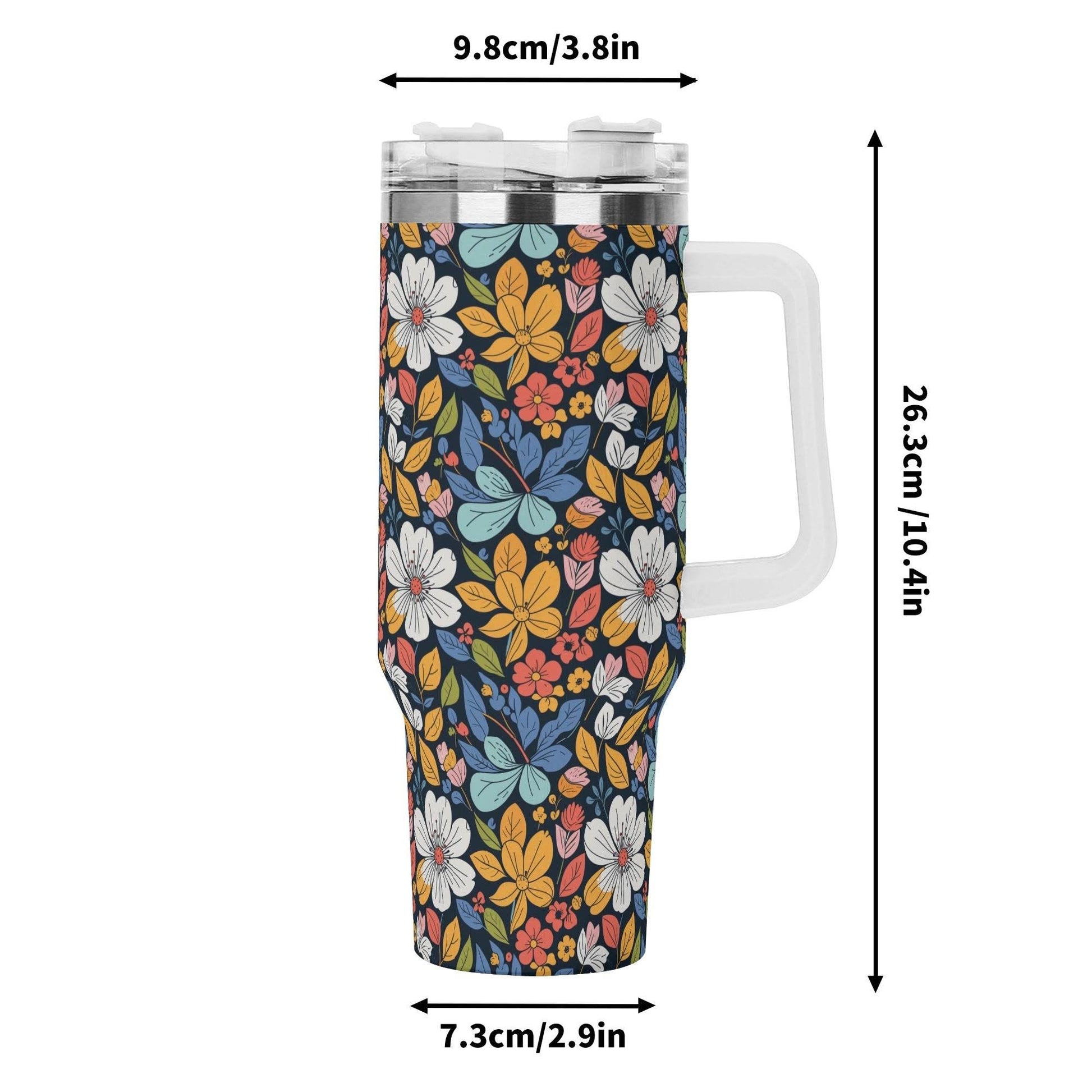 Bright Flowers 40oz Stainless Steel Tumbler Gift With White Handle and Straw - DeRose Seasonal