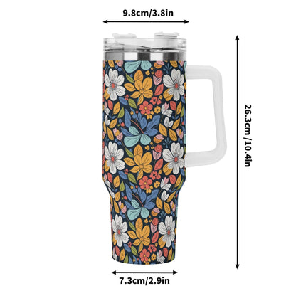 Bright Flowers 40oz Stainless Steel Tumbler Gift With White Handle and Straw - DeRose Seasonal