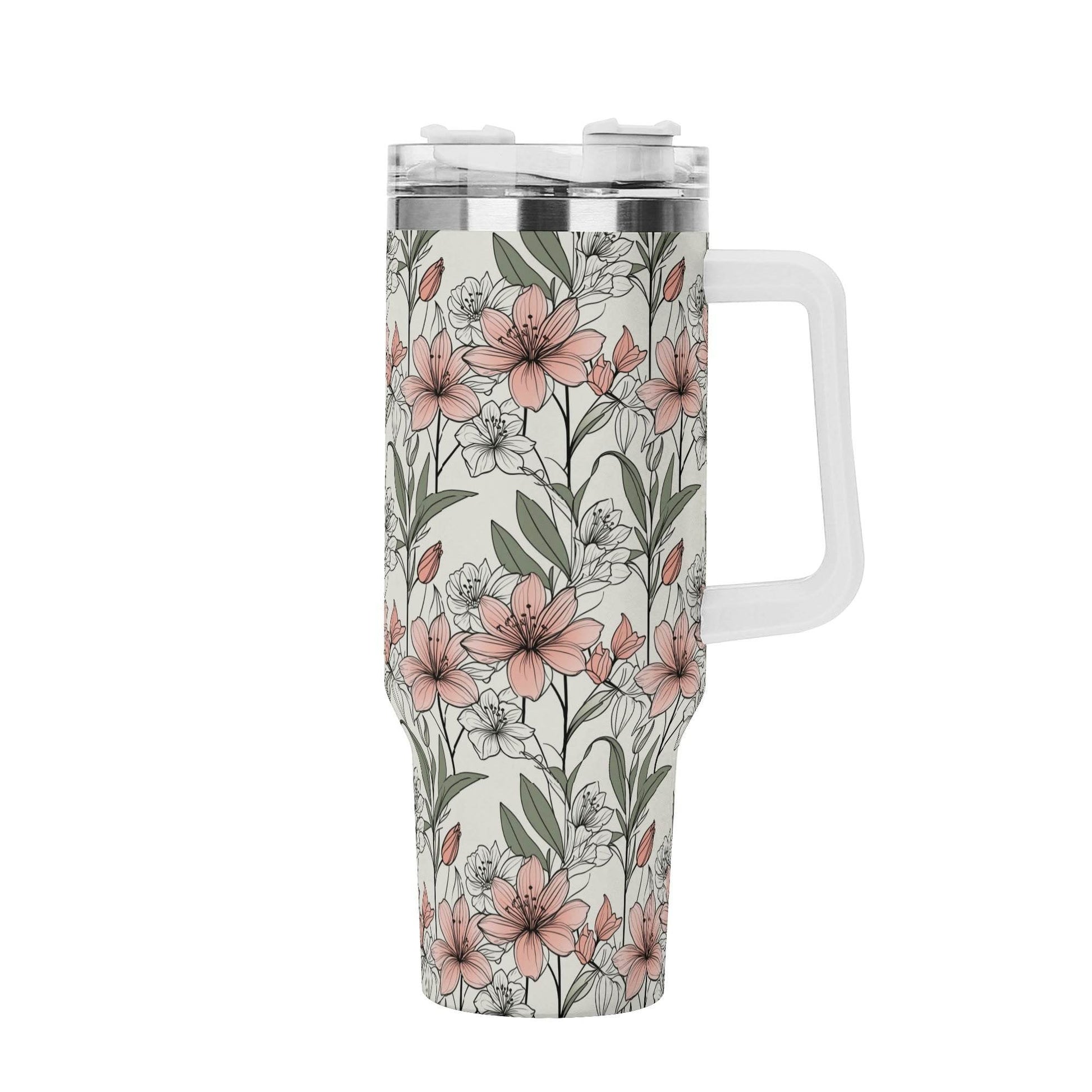 Japan Floral 40oz Stainless Steel Tumbler Gift With White Handle and Straw - DeRose Seasonal