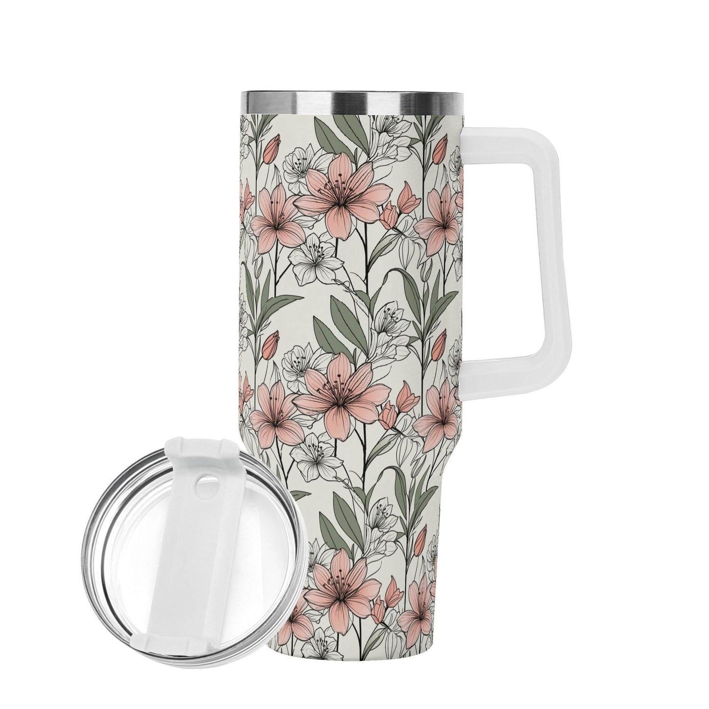 Japan Floral 40oz Stainless Steel Tumbler Gift With White Handle and Straw - DeRose Seasonal