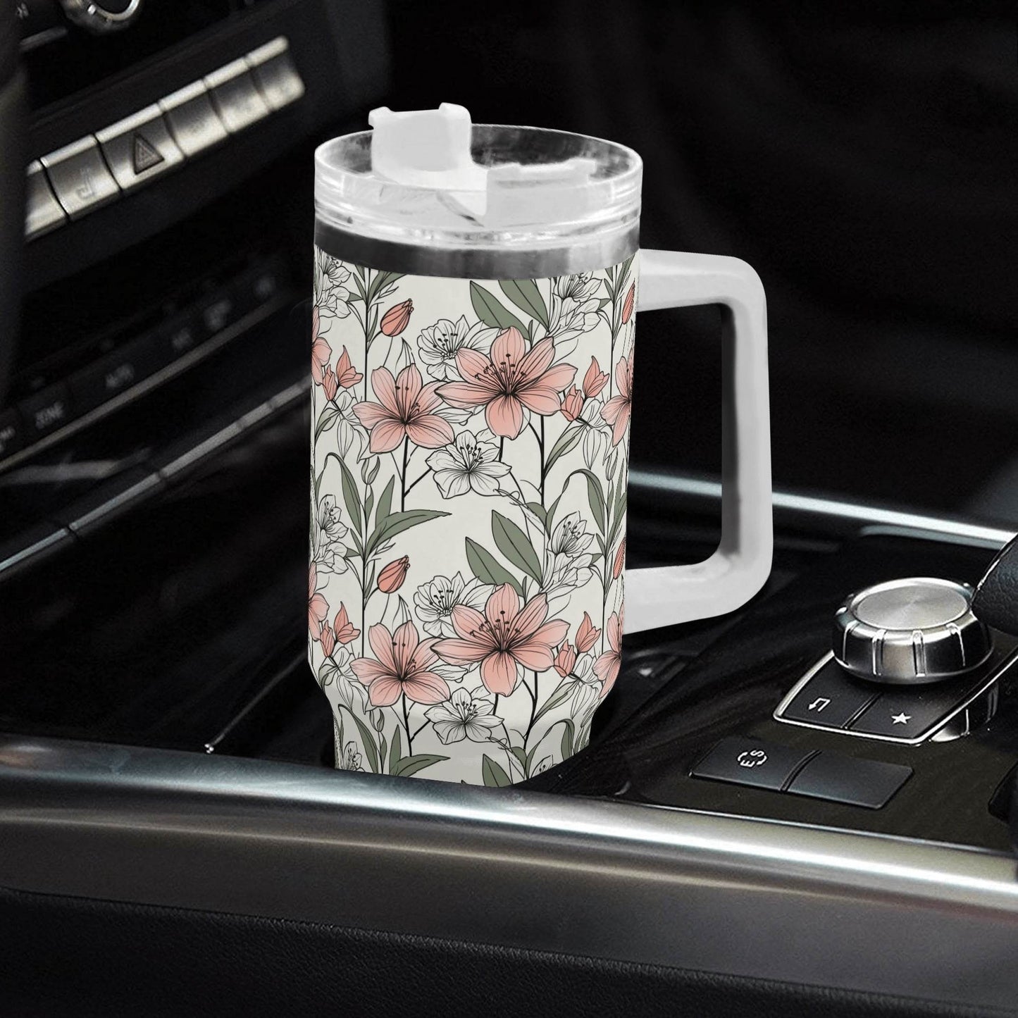 Japan Floral 40oz Stainless Steel Tumbler Gift With White Handle and Straw - DeRose Seasonal