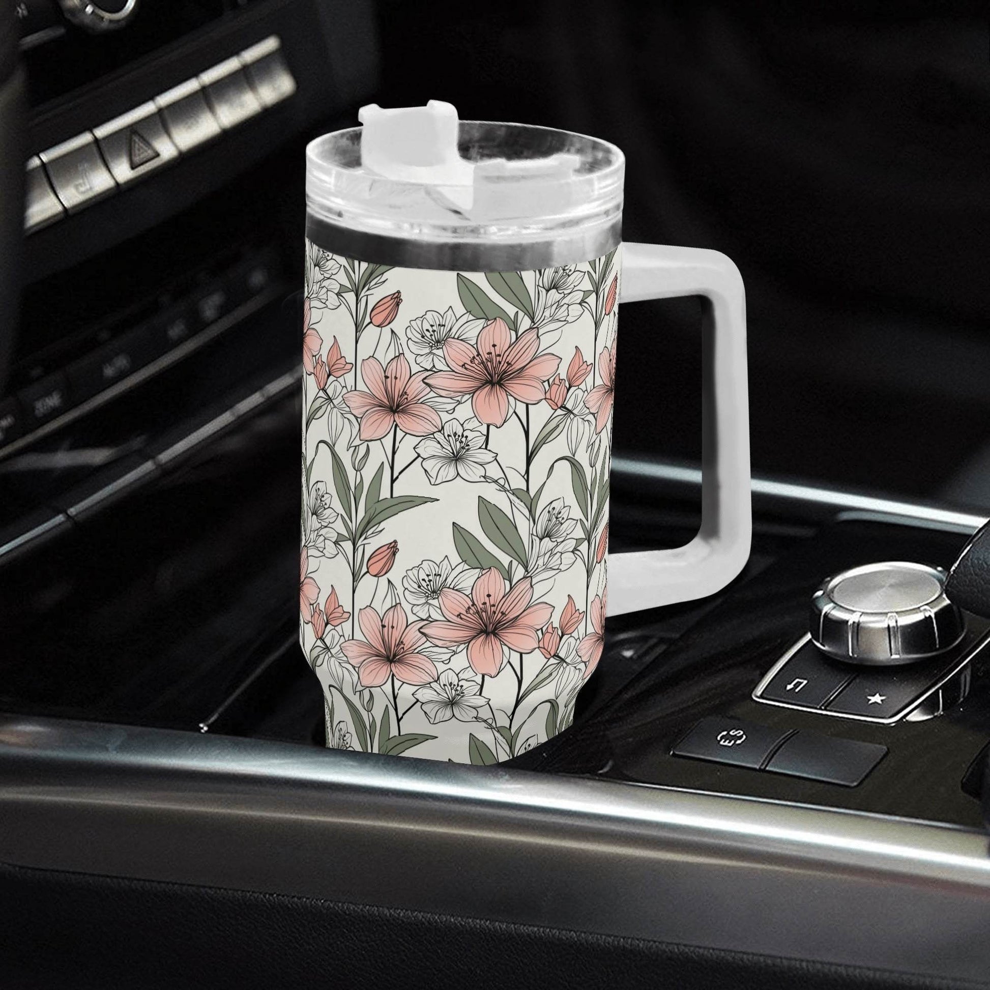 Japan Floral 40oz Stainless Steel Tumbler Gift With White Handle and Straw - DeRose Seasonal