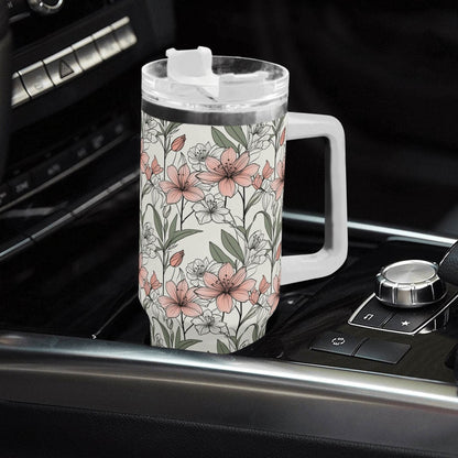 Japan Floral 40oz Stainless Steel Tumbler Gift With White Handle and Straw - DeRose Seasonal