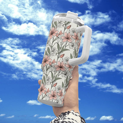 Japan Floral 40oz Stainless Steel Tumbler Gift With White Handle and Straw - DeRose Seasonal