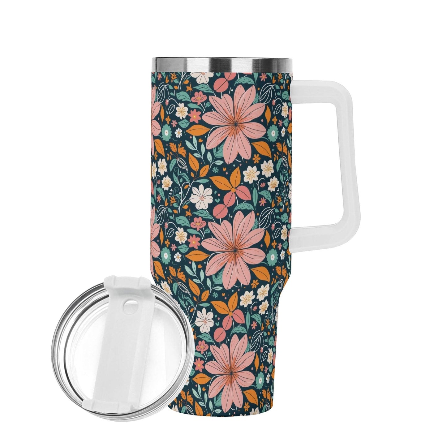 Wild Flowers 40oz Stainless Steel Tumbler Gift With White Handle and Straw - DeRose Seasonal