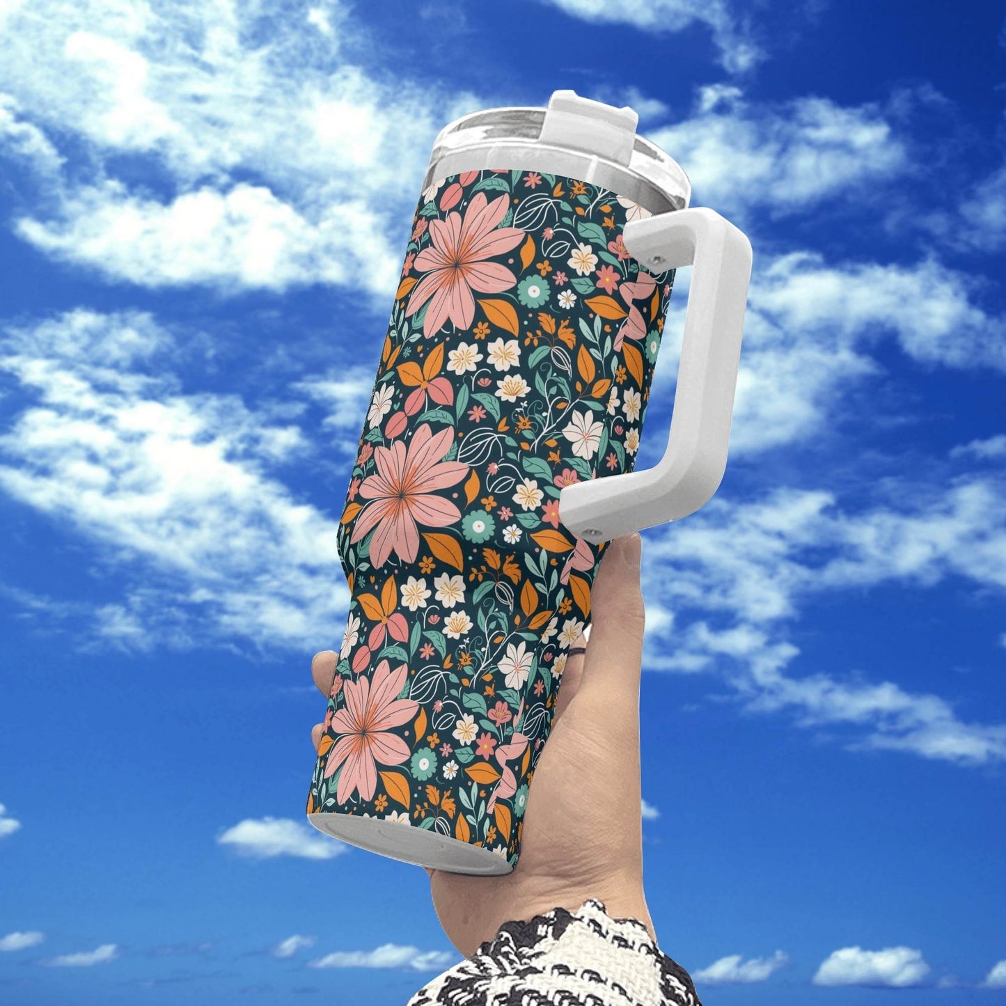 Wild Flowers 40oz Stainless Steel Tumbler Gift With White Handle and Straw - DeRose Seasonal