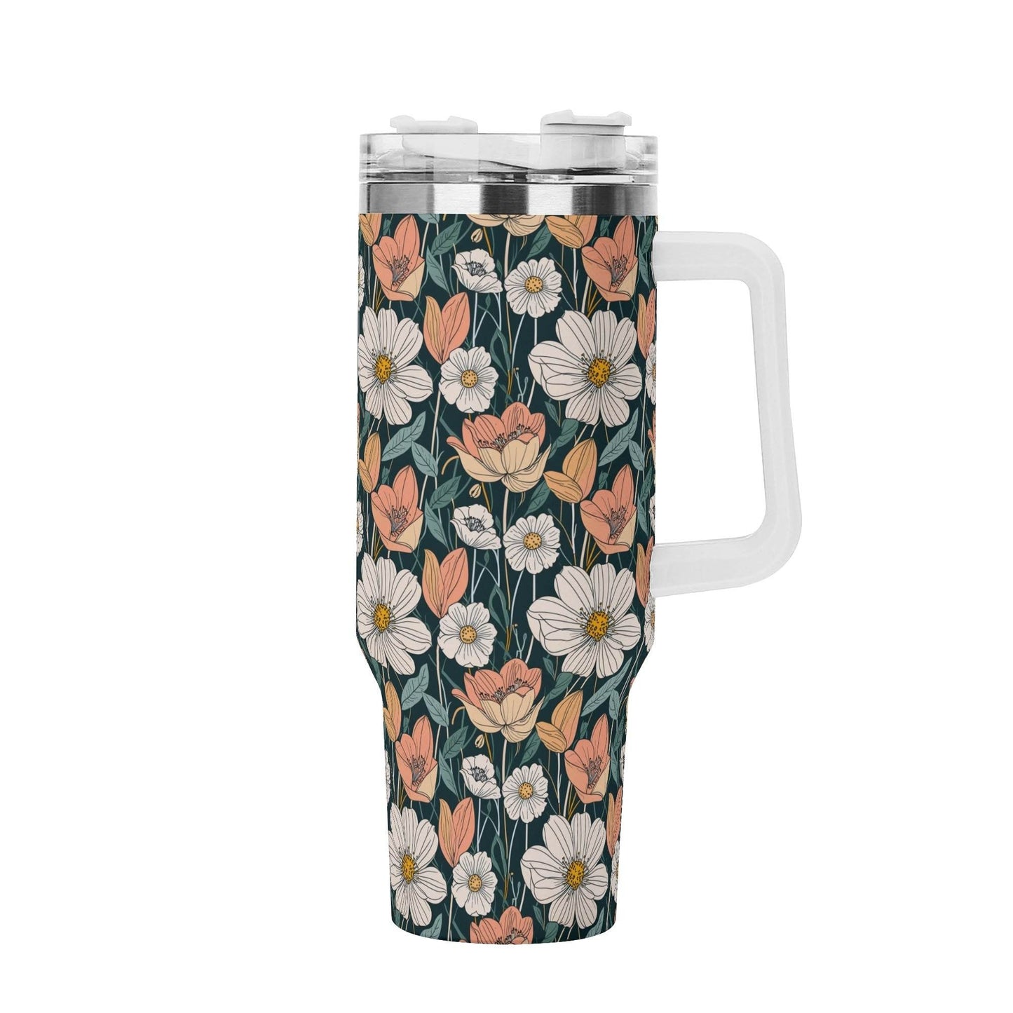 Tulips and Daisys 40oz Stainless Steel Tumbler Gift With White Handle and Straw - DeRose Seasonal