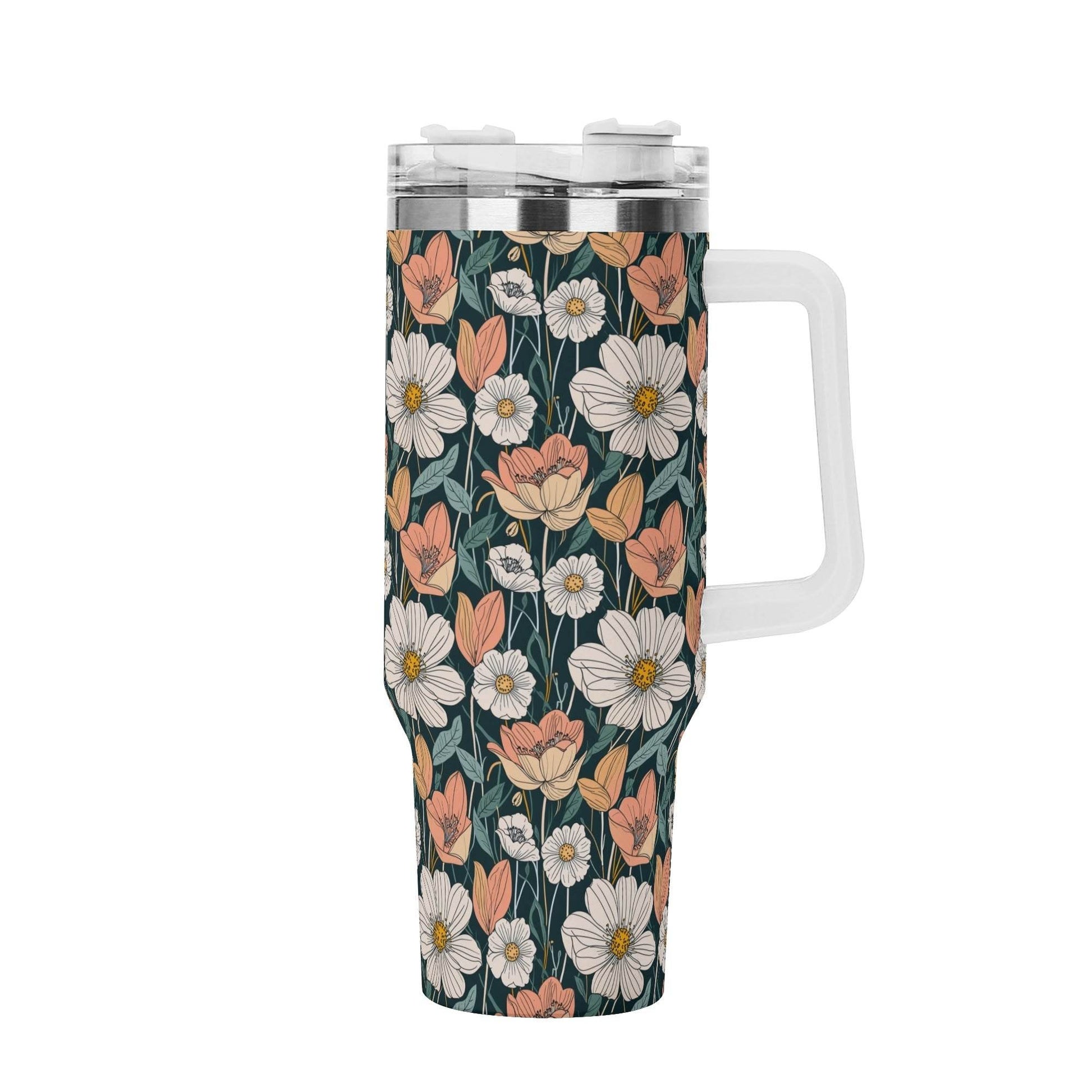 Tulips and Daisys 40oz Stainless Steel Tumbler Gift With White Handle and Straw - DeRose Seasonal