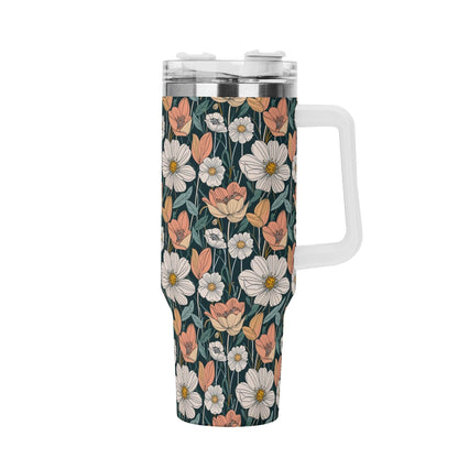 Tulips and Daisys 40oz Stainless Steel Tumbler Gift With White Handle and Straw - DeRose Seasonal