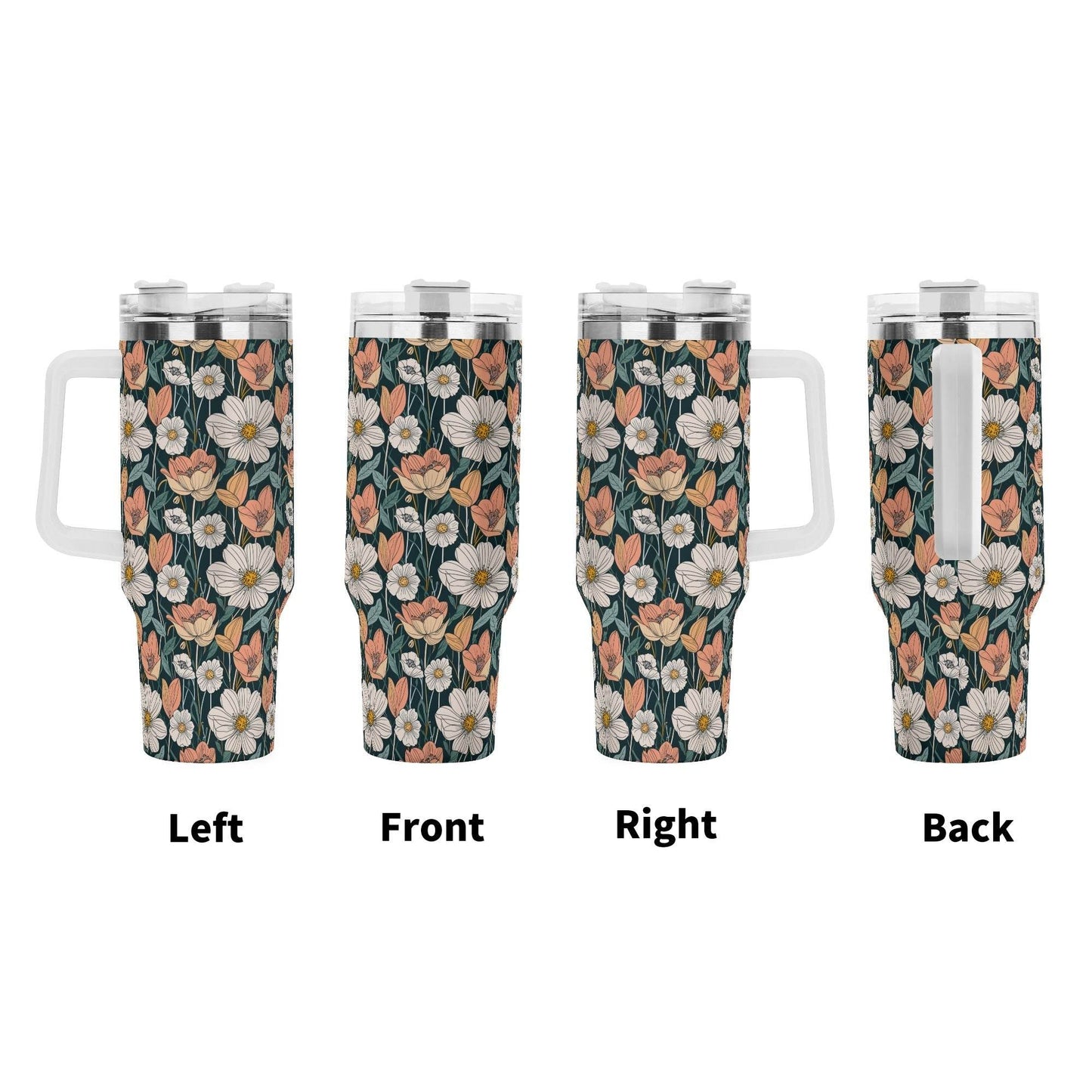 Tulips and Daisys 40oz Stainless Steel Tumbler Gift With White Handle and Straw - DeRose Seasonal