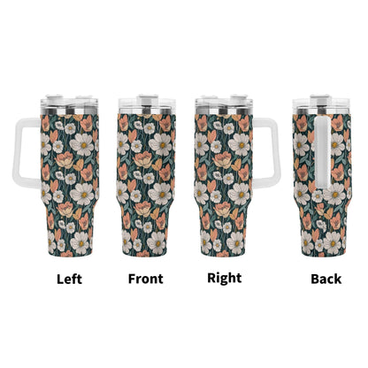 Tulips and Daisys 40oz Stainless Steel Tumbler Gift With White Handle and Straw - DeRose Seasonal