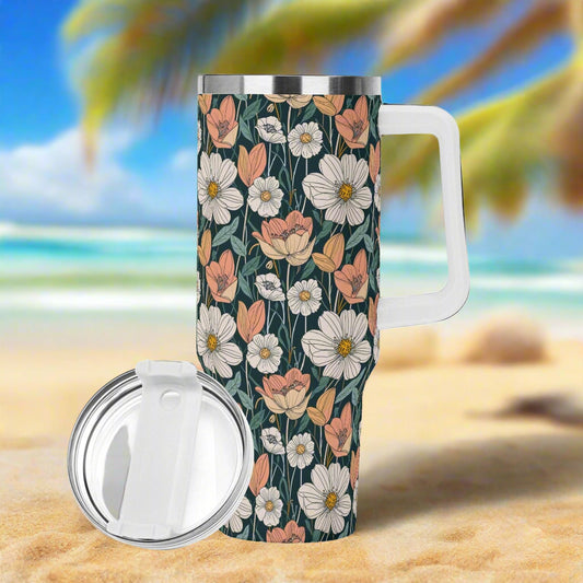Tulips and Daisys 40oz Stainless Steel Tumbler Gift With White Handle and Straw - DeRose Seasonal