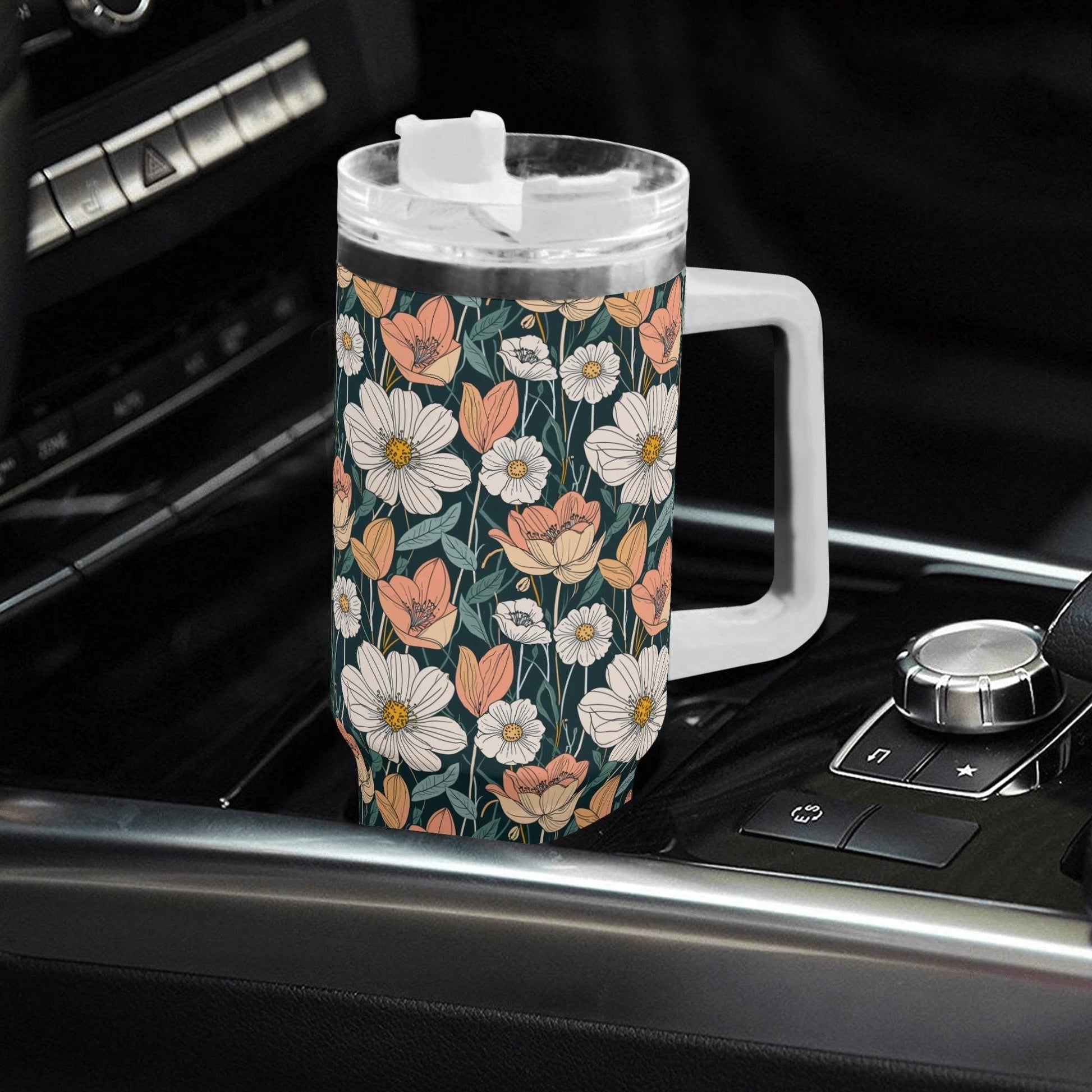 Tulips and Daisys 40oz Stainless Steel Tumbler Gift With White Handle and Straw - DeRose Seasonal