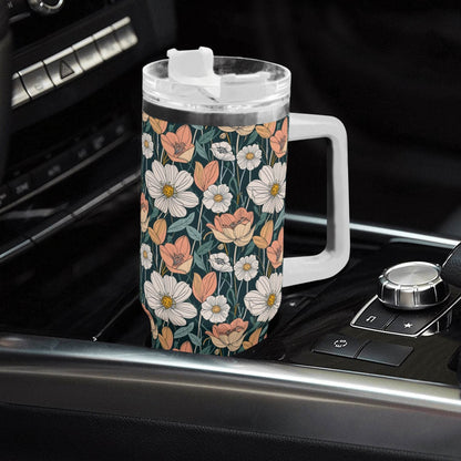 Tulips and Daisys 40oz Stainless Steel Tumbler Gift With White Handle and Straw - DeRose Seasonal